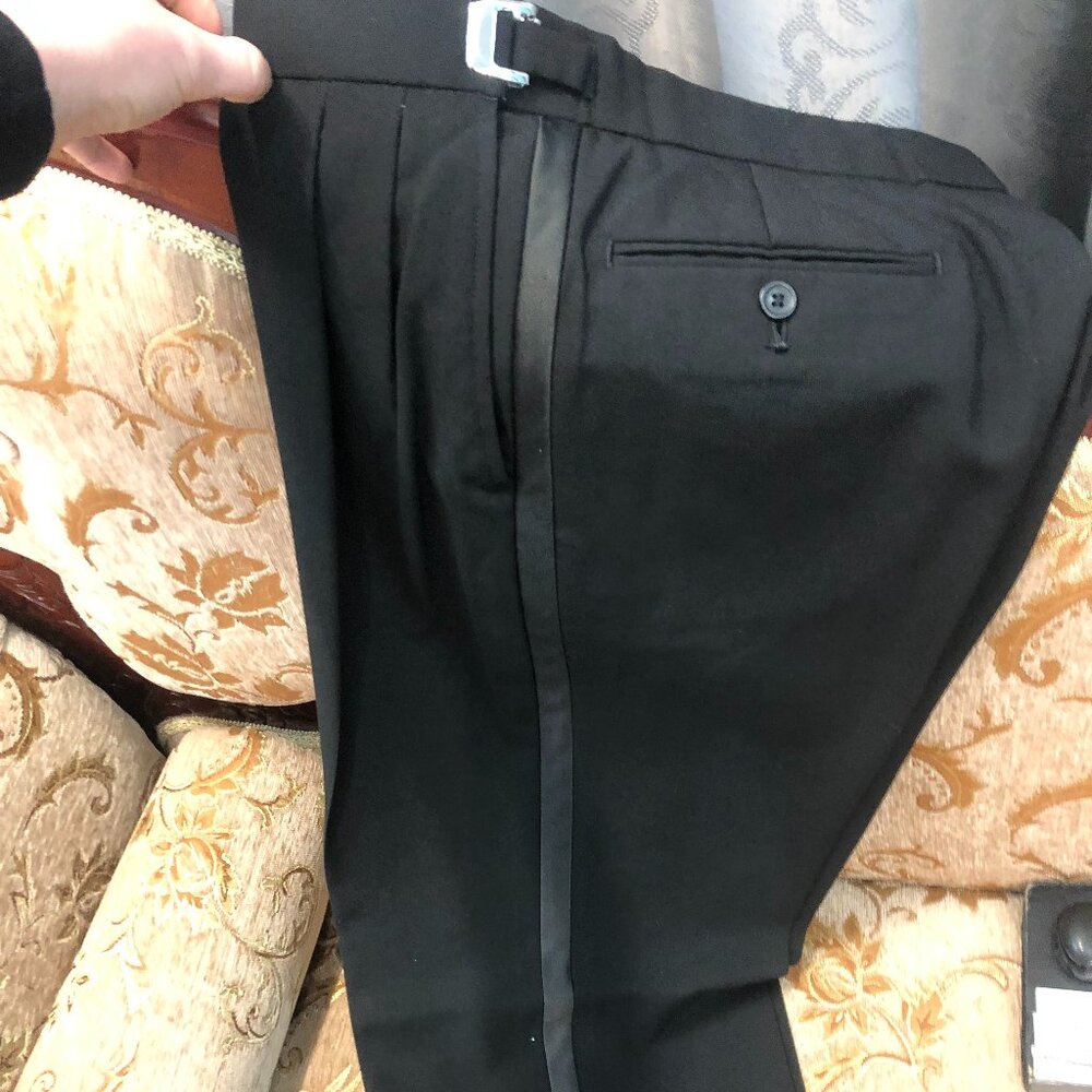 Black Adjustable Tuxedo Pants with Satin Trim; Sample, EUC, Wedding Mason Prom